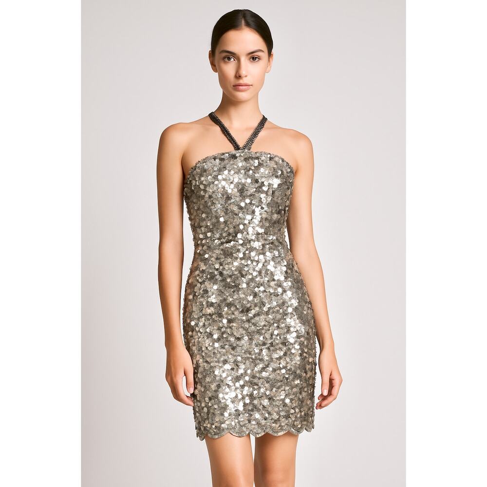 Scala Sexy Silver Beaded Sequin Cocktail Dress 4 Coquette Elegant Formal Luxury